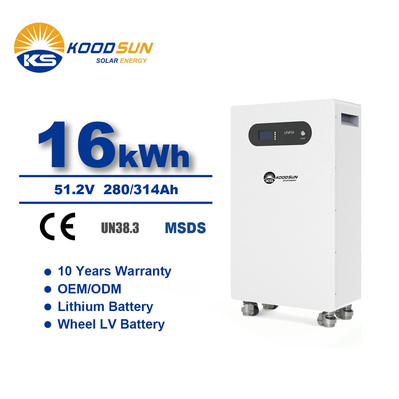 Koodsun 16kwh  Solar System with 51.2V 314Ah Low Voltage Lithium Battery Pack 280Ah Energy Storage Battery LiFePO4 -Koodsun